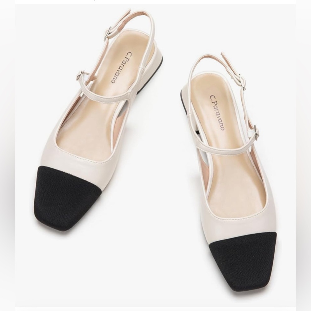 NWT C.Paravano Black and Cream Flats Sz 9 Sling back block color Leather/Fabric - Picture 2 of 16